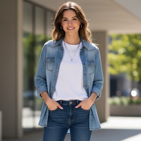 Free People One Teaspoon Denim Button Down Shirt Vintage Medium Wash Chambray - Picture 1 of 14